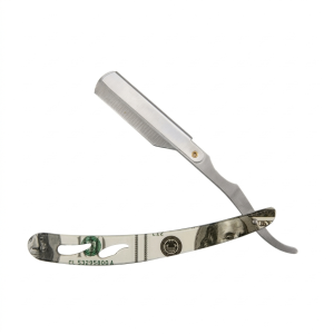 Portanavaja profesional metálico con grabado de billetes de 100 dólares en acero inoxidable brillante.