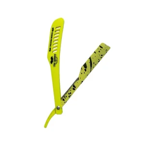 Navaja barbera Barber Pro color amarillo neón abierta con diseño de salpicaduras negras y mango ergonómico.