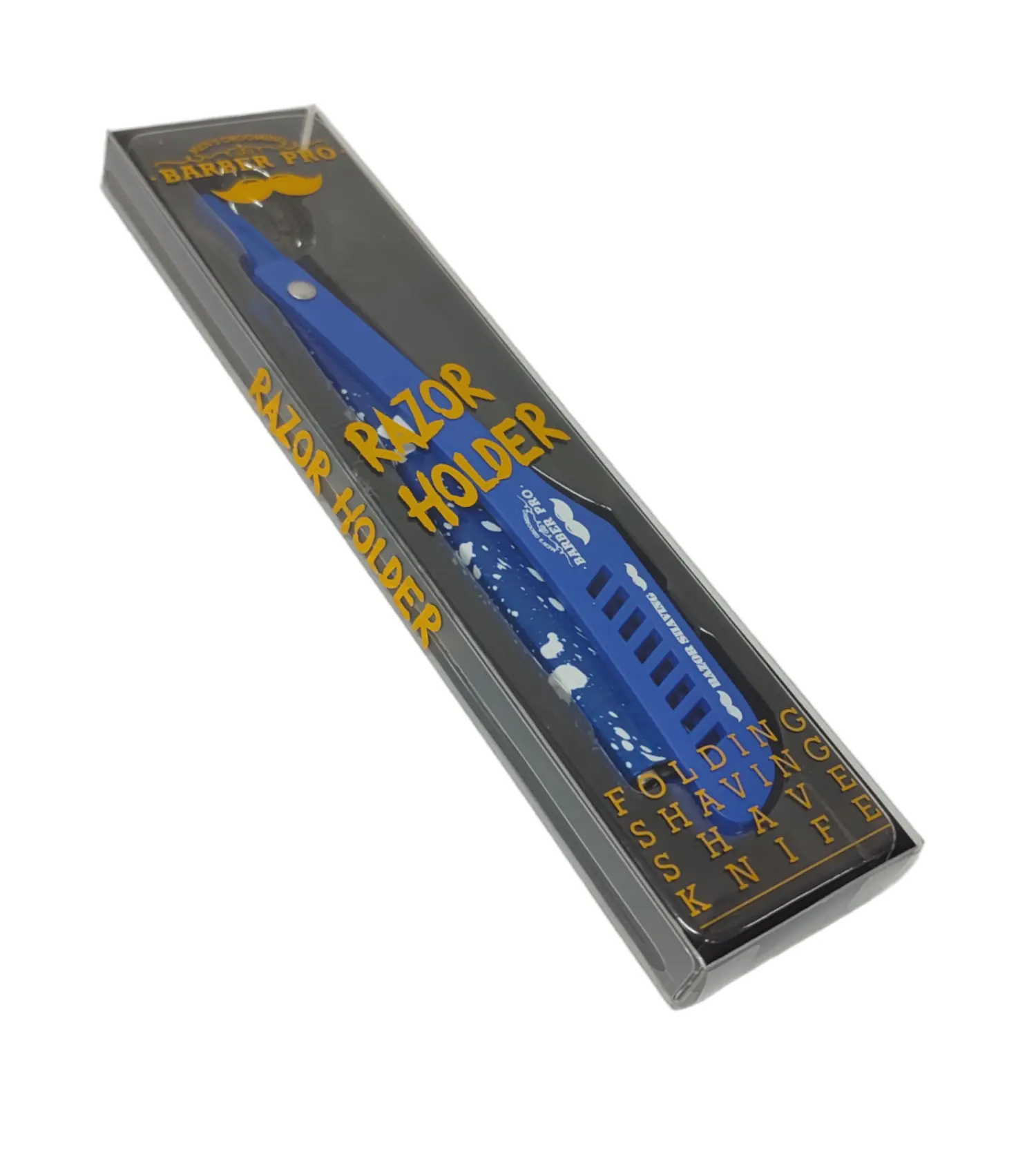 Portanavaja profesional Barber Pro azul dentro de su empaque transparente con letras doradas "Razor Holder".