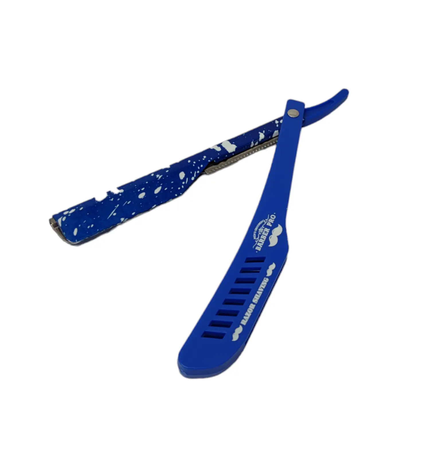 Navaja barbera Barber Pro azul abierta con diseño de salpicaduras blancas y mango ergonómico con ranuras.