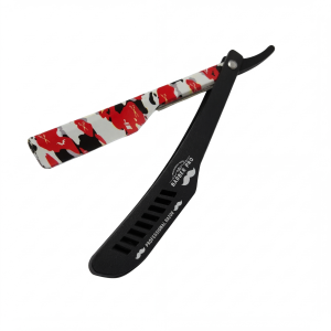 Navaja barbera profesional Barber Pro con diseño de camuflaje rojo y negro abierta, mostrando su brazo porta-hojas de acero.
