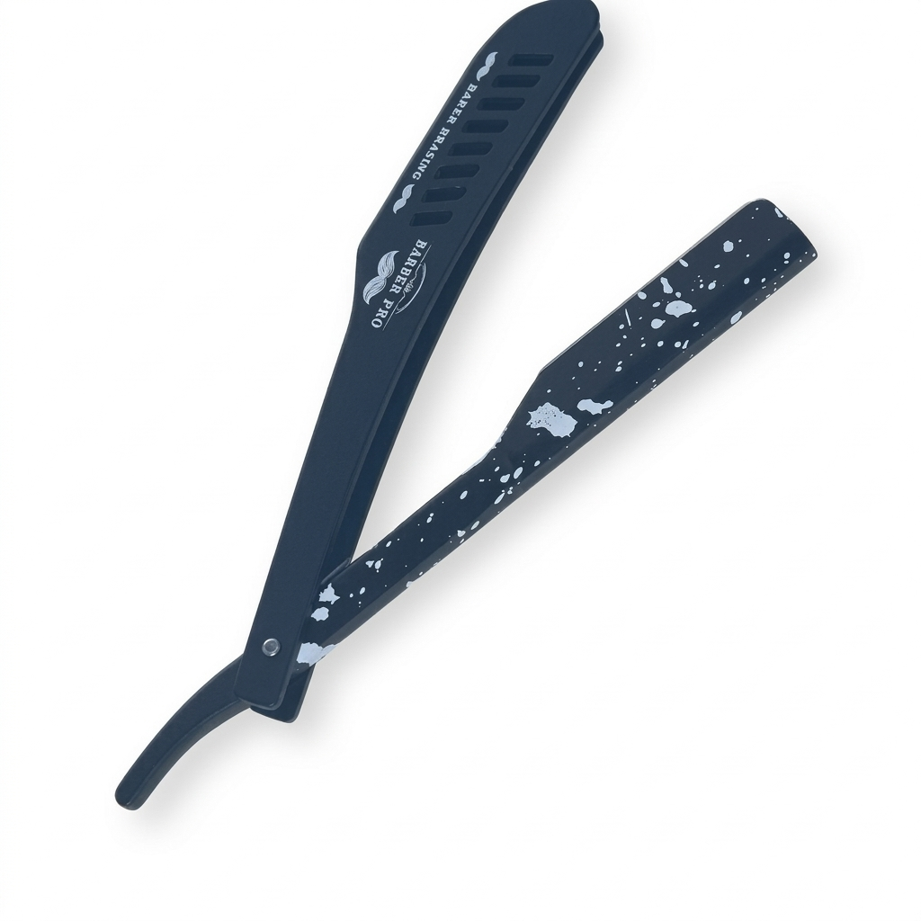 Navaja barbera profesional Barber Pro color negro con diseño de salpicaduras blancas abierta, mostrando su brazo porta-hojas de acero.