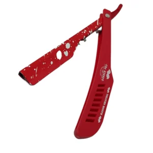 Portanavaja profesional Barber Pro rojo dentro de su estuche transparente con letras doradas de Razor Holder.