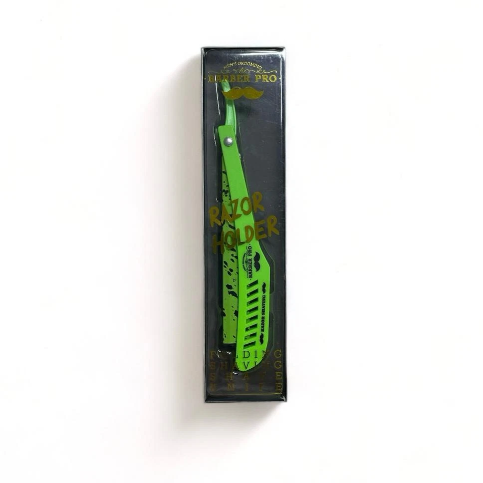 Portanavaja Barber Pro verde en su estuche de seguridad transparente con letras doradas de Razor Holder.