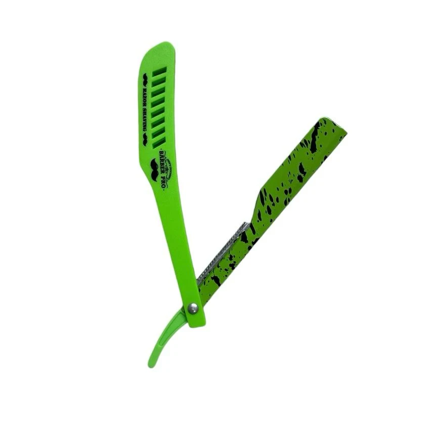Navaja barbera Barber Pro verde neón abierta con diseño de salpicaduras negras y mango ergonómico con logotipo.