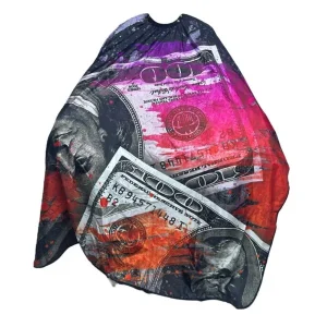 Capa profesional para barbería con diseño de billetes de 100 dólares y manchas de pintura neón multicolor.