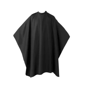 Capa de corte profesional negra para peluquería y barbería con diseño minimalista y caída fluida.