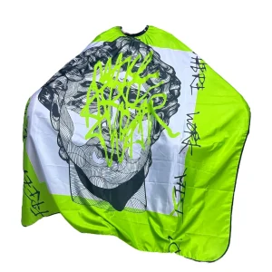 Capa profesional para barbería Ref 004 con diseño de estatua clásica y grafiti en verde neón y blanco.