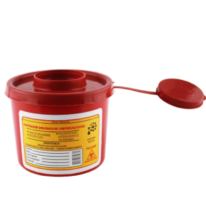 Contenedor guardián mini de 0,5 litros color rojo para residuos cortopunzantes con tapa de seguridad y etiqueta de advertencia.