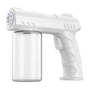 Pistola nano pulverizadora profesional de color blanco con depósito de agua transparente y luces LED indicadoras.
