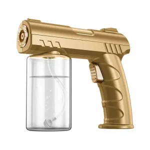 Pistola nano pulverizadora de color dorado brillante con depósito transparente y diseño ergonómico.