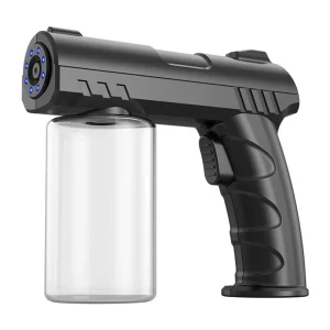 Pistola nano pulverizadora profesional de color negro mate con depósito translúcido y gatillo ergonómico.