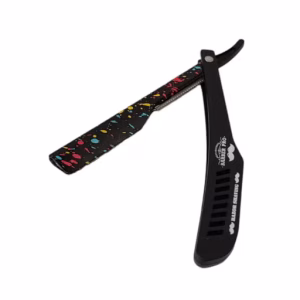 Exhibición de portanavajas profesionales Barber Pro en diversos colores: azul, amarillo, verde, fucsia, rojo y naranja con diseños de salpicaduras.