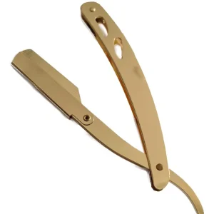 Navaja barbera profesional modelo MM-51 con acabado en acero inoxidable dorado brillante y mango ergonómico con aperturas.
