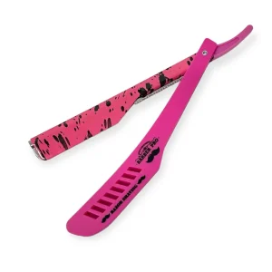 Navaja barbera Barber Pro abierta, color fucsia con diseño de manchas negras y brazo de acero para hojillas intercambiables.