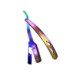 Navaja barbera profesional modelo MM-53 con acabado metálico tornasolado multicolor y mango ergonómico de acero.