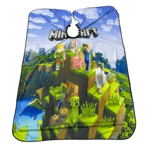 Capa de corte para niños con estampado de bloques verdes y personajes inspirados en Minecraft.