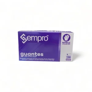 Caja de 100 guantes de nitrilo morado (Lavender Blue) marca Sempro talla L, sin talco e hipoalergénicos.