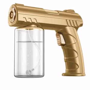 Pistola atomizadora Nano Blue de color dorado brillante con tanque transparente y luz azul.