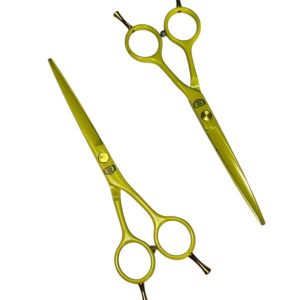 Set de dos tijeras profesionales (corte y pulido) con acabado amarillo neón y tornillos dorados sobre fondo blanco.