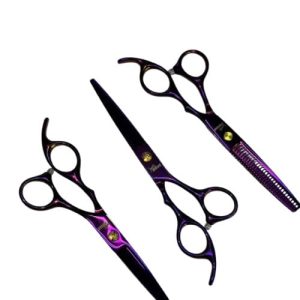 Combo de tres tijeras profesionales de peluquería en color morado metálico con tornillos dorados.