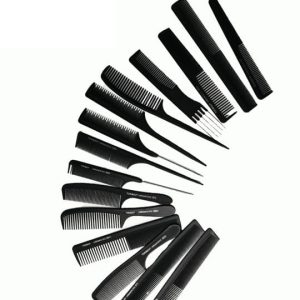 Set completo de 15 peinetas profesionales de fibra de carbono negra para barbería y estilismo.