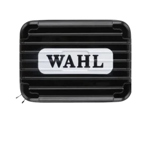 Estuche rígido pequeño marca Wahl en color negro con cierre reforzado y logotipo de la marca.