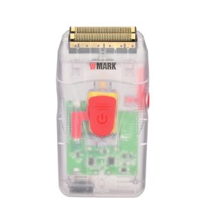 Afeitadora profesional WMARK NG-987T transparente con pantalla digital LCD encendida.