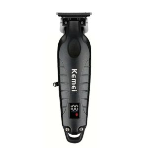 Trimmer profesional Kemei KM-2293 negra con cuchilla T-Wide expuesta y diseño ergonómico.