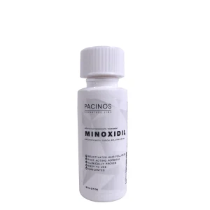 Frasco de 60 ml de Minoxidil Pacinos 5% sin fragancia y de acción rápida.
