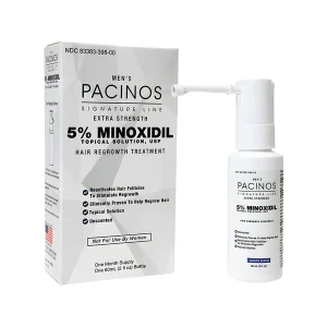 Caja de Minoxidil Pacinos junto a frasco con aplicador de spray de larga boquilla para mayor precisión.