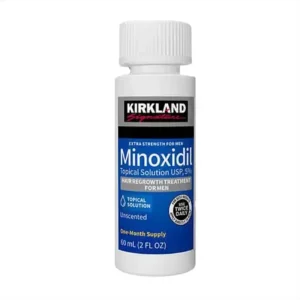 Frasco individual de Minoxidil Kirkland Signature al 5% para crecimiento de cabello y barba en hombres.