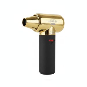 Soplador inalámbrico de lujo BP Barber Professional en color dorado dentro de su empaque original.