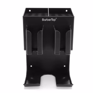 Soporte organizador Barber Top MM-55 de color negro con ranuras para máquinas y compartimentos de accesorios.