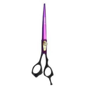 Tijera de corte recto profesional en color morado metálico con tornillo de ajuste dorado.