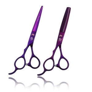 Set de dos tijeras profesionales en color morado metálico: una de corte recto y una microdentada para pulir.