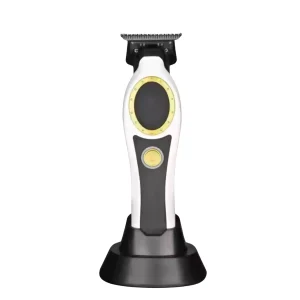 Vista frontal de la máquina patillera WMARK NG-7230 blanca en base de carga resaltando el diseño ergonómico.