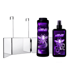 Combo de barbería que incluye un espejo plegable de tres caras, talco Authentic Mulberry de 400g y loción After Shave de 500ml.