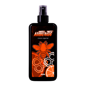 Envase negro de After Shave Authentic Vision Imperial de 500ml con atomizador y etiqueta naranja con diseño de abeja.