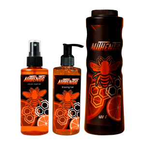 Conjunto de productos Vision Imperial de Authentic: After Shave, Shaving Gel y Talco en envases negros con etiquetas naranjas.