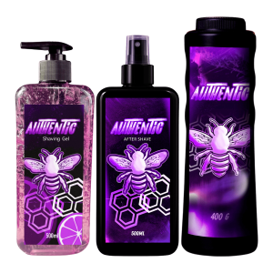 Trío de productos Authentic Mulberry: Gel de afeitado, After Shave y Talco profesional.