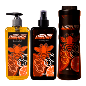 Kit de 3 productos Authentic Vision Imperial que incluye gel de afeitado, loción after shave y talco en envases negros con etiquetas naranjas.