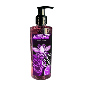 Shaving Gel Authentic Mulberry 250ml en envase cilíndrico transparente con gel color púrpura, dispensador de bomba negro y etiqueta con diseño de abeja neón.