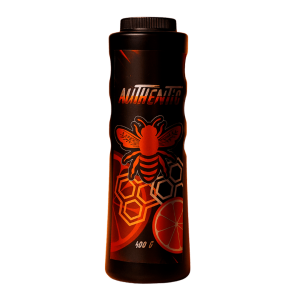 Envase negro ergonómico de Talco Profesional Authentic Vision Imperial de 400 gramos con etiqueta naranja y logotipo de abeja.