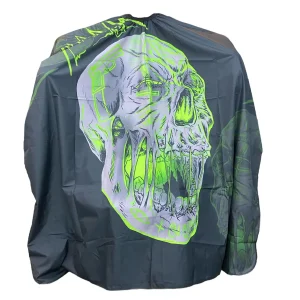 Capa de barbería profesional XL modelo PB-041 con ilustración de calavera en verde neón y gris oscuro sobre fondo blanco