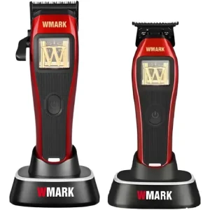 Combo profesional Wmark con máquina de corte X1 y patillera TX1 en color rojo metálico con diseño transparente y bases de carga.