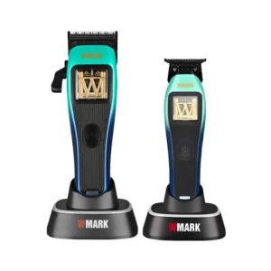 Combo profesional Wmark Polar con máquina X1 y patillera TX1 en degradado azul y turquesa sobre bases de carga.