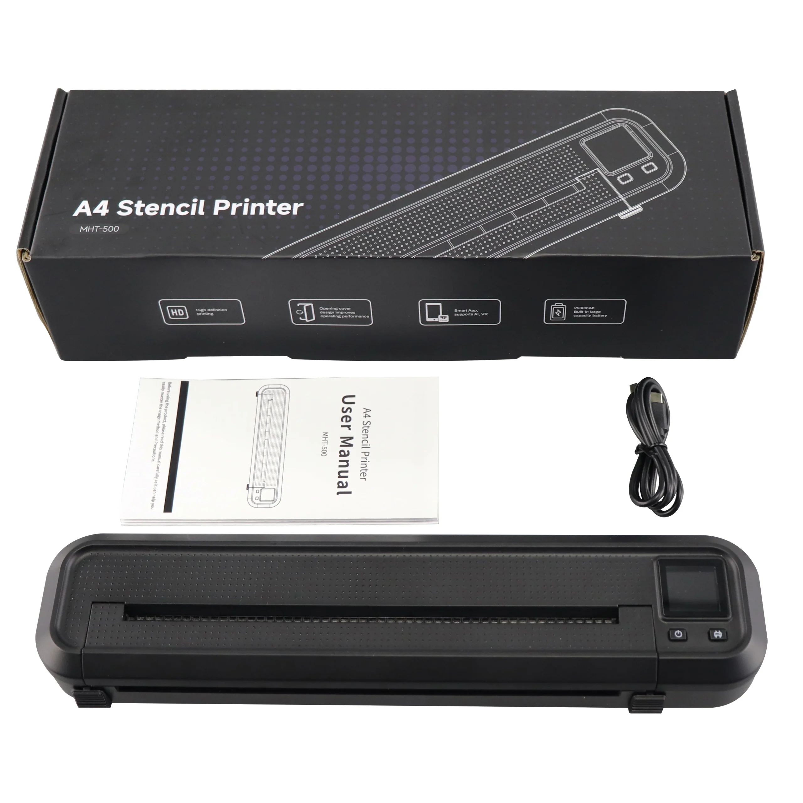 Contenido de la caja de la impresora de stencil MHT-500: dispositivo, manual, cable USB y empaque original.