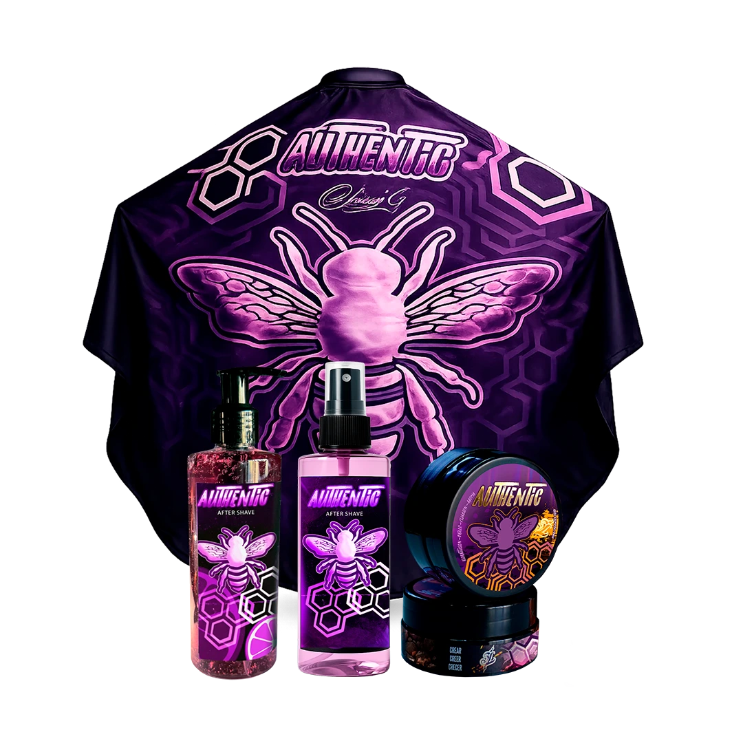 Kit profesional para barbería Combo Authentic Mulberry que incluye capa premium antifluidos, cera cremosa, shaving gel y after shave en color morado vibrante.