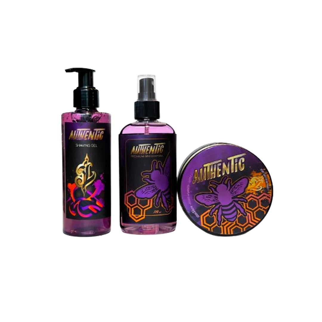 Combo Full Authentic Mulberry para barbería: Shaving Gel de 250ml, Loción Facial y Corporal de 250ml y Cera Cremosa de 200g en envases color morado.